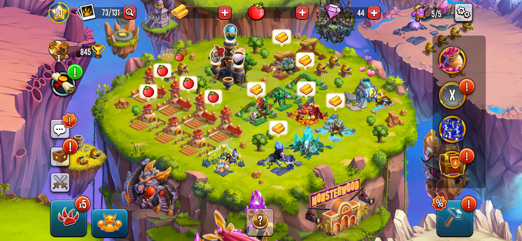 Monster Legends - Battle Game - Vista aérea de una isla flotante de monstruos con hábitats y granjas en Monster Legends