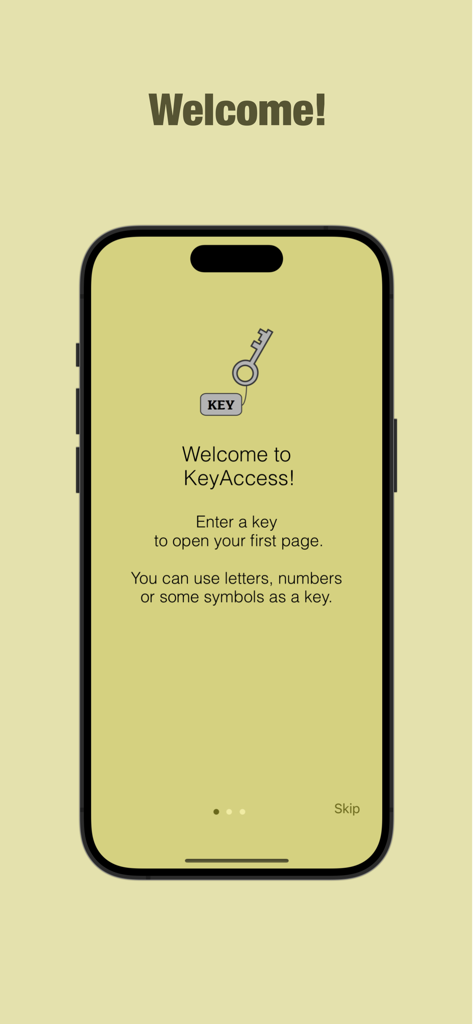 KeyAccess - La pantalla de bienvenida de la aplicación KeyAccess explica cómo usar claves únicas para acceder a archivos privados.
