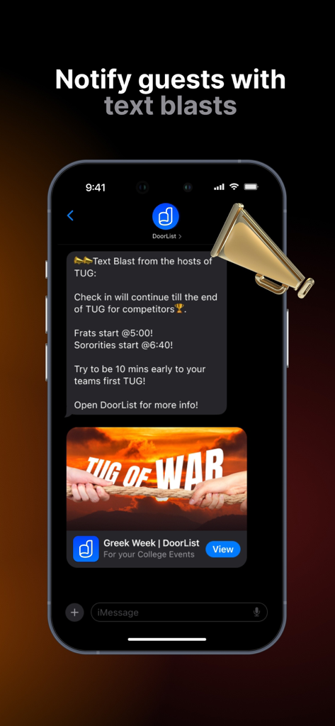 DoorList app interface showing an event text blast notification for a Greek Week Tug of War competition on a smartphone.