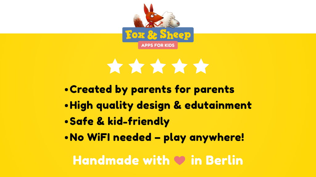 Promotional screen for Fox and Sheep apps featuring high quality design safe and kid friendly content and no wifi needed message