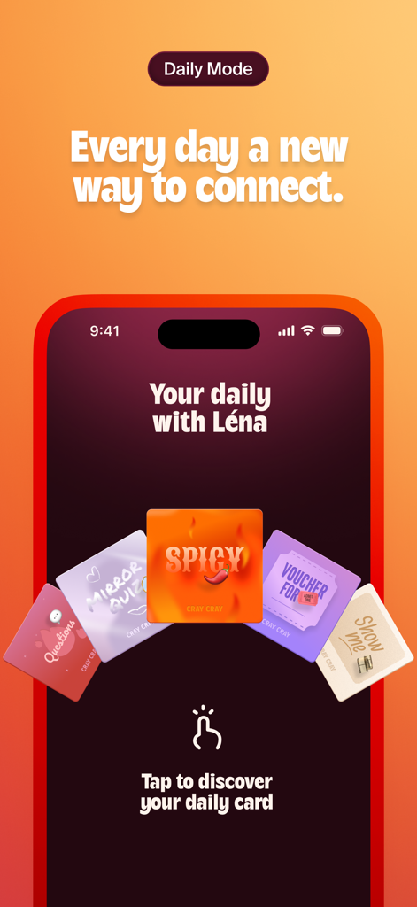 Cray Cray - Couple Game - Mobile app screen showing the Daily Mode interface of Cray Cray featuring various relationship cards like Mirror Quiz and Spicy Challenges.
