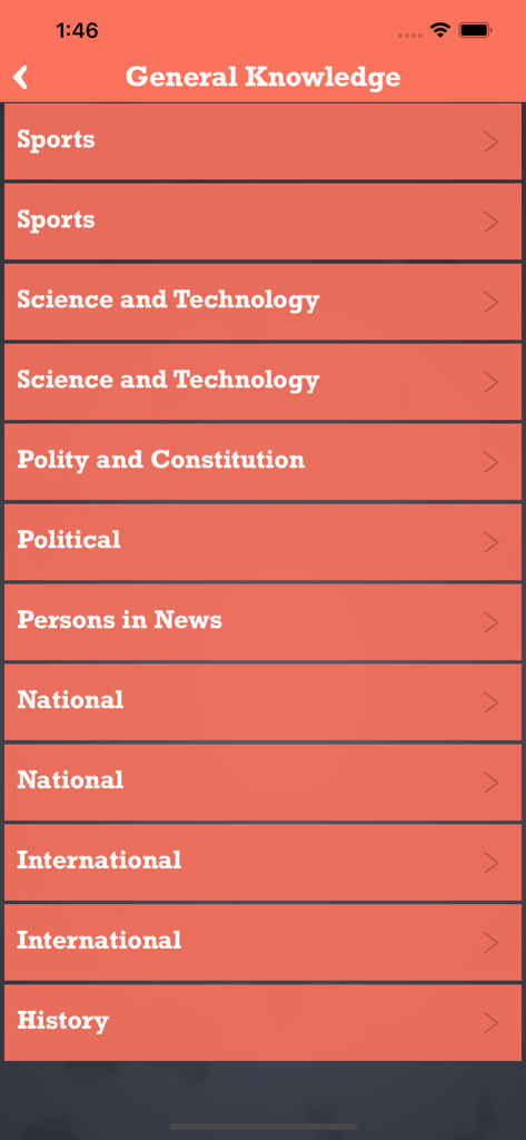 4000+ World General Knowledge - Menú de temas de conocimientos generales que incluyen Deportes, Ciencia e Historia en la aplicación