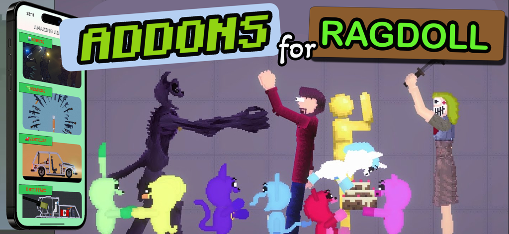 Interface de l'application affichant les catégories de mods pour les jeux de physique ragdoll avec des personnages pixelisés personnalisés et des monstres