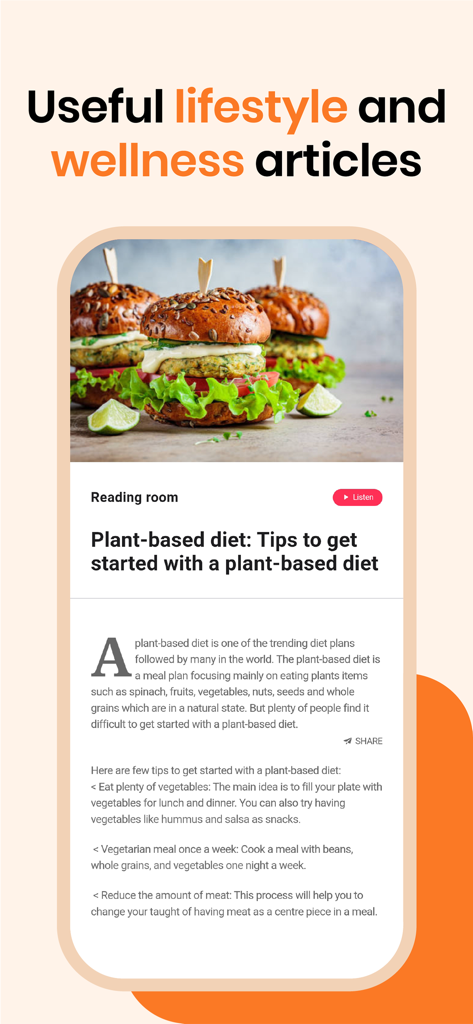 Mobile screen displaying lifestyle and wellness articles with a focus on plant-based diet tips and veggie burgers