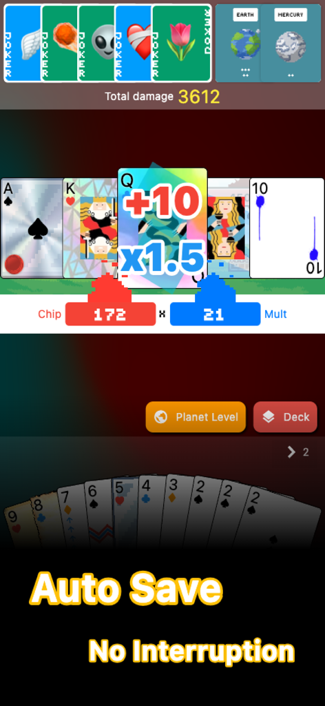 ジョーカーポーカー テキサスフレンジーのゲームプレイ画面。ポーカーカード、チップ、マルチプライヤーのスコアメカニクスが表示されています。