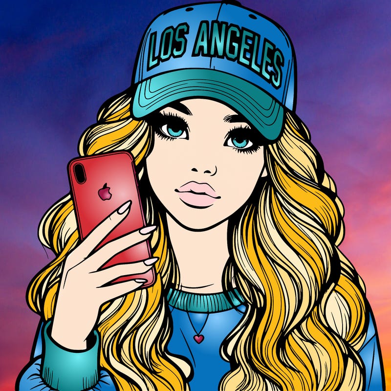 realistic beautiful girl wearing los ángeles cap holding an iphone
