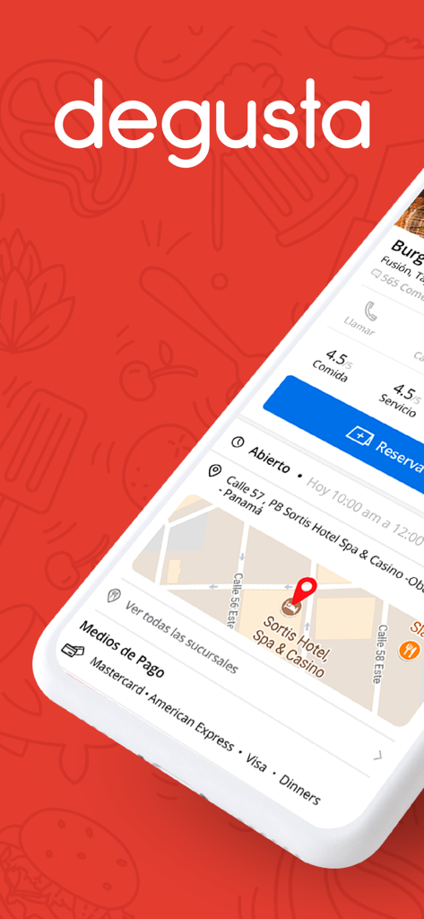 Degusta - Interface do aplicativo Degusta mostrando avaliações de restaurantes, mapa de localização e botão de reserva