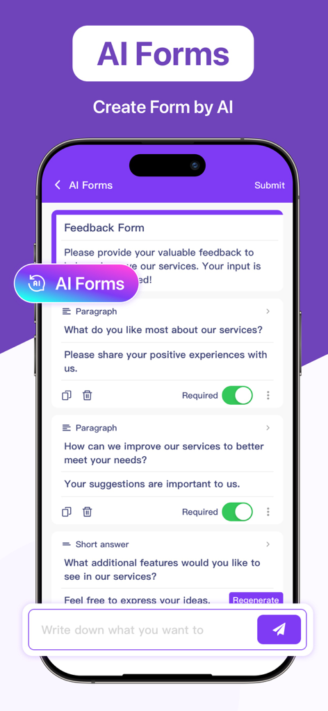 Forms for Google Forms App - Interface do recurso AI Forms mostrando um questionário de feedback gerado automaticamente em um dispositivo móvel.