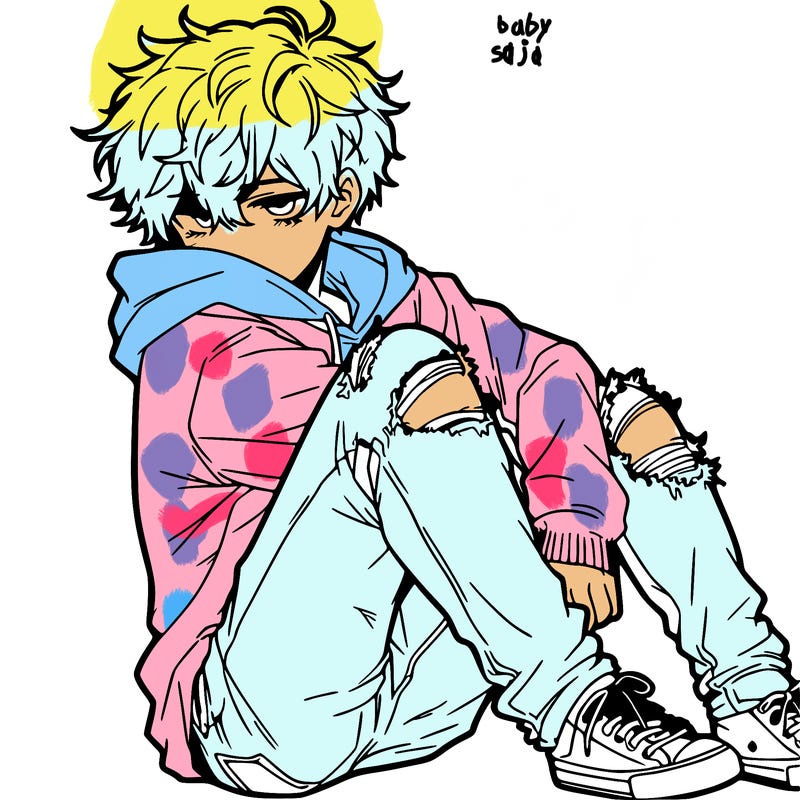 a male hoddie ripped jeans messy hair anime