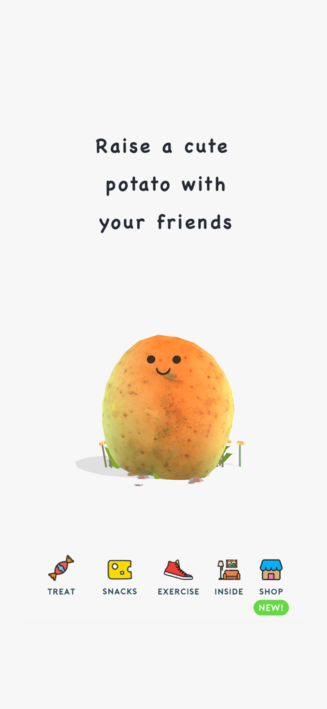 Potater - Home screen of the Potater app featuring a smiling potato character and game menu icons