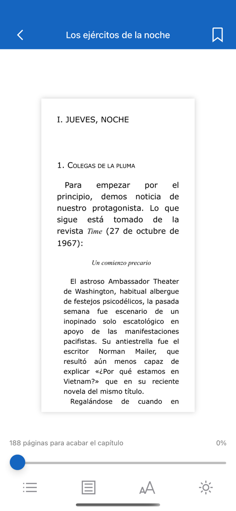 Digital ebook reader interface in the Biblio Digital app displaying Spanish text with reading settings