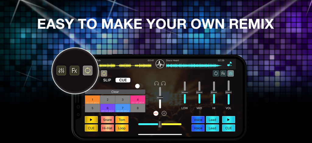 DJ Mixer Studio Pro:Mix Music - 스마트폰 화면에서 전문가용 EQ 슬라이더와 음악 리믹싱 도구를 보여주는 DJ Mixer Studio Pro 인터페이스