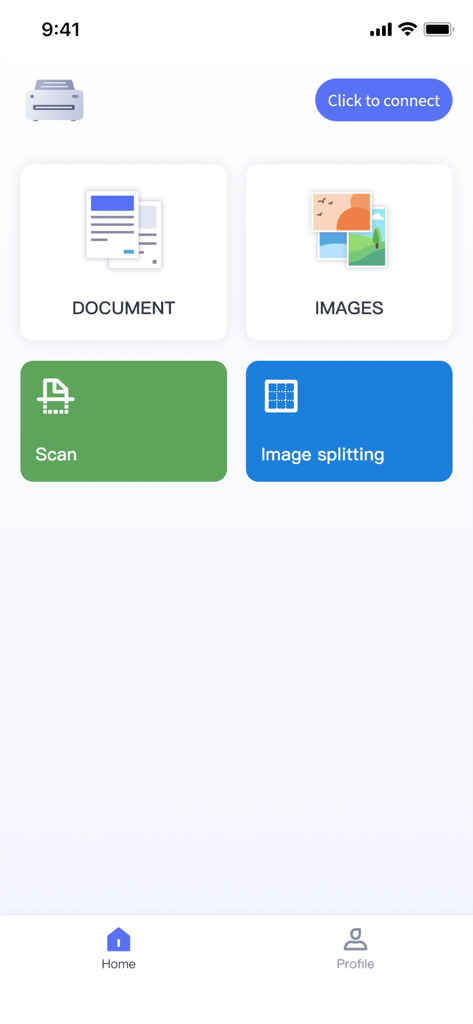 Dashboard der ePrinter-Mobil-App mit Optionen zum Drucken von Dokumenten und Bildern, Scannen und Aufteilen von Bildern