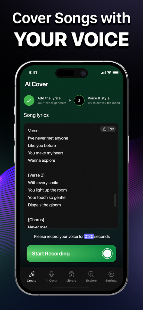 Beatz: AI Song・Cover Generator - Interface of Beatz app showing the process of recording your voice to create an AI cover song with lyrics