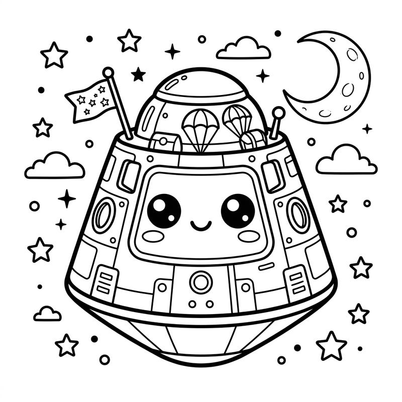 Prepare for an out-of-this-world coloring adventure with this super cute Kawaii reentry vehicle. Its friendly face, chunky outlines, and celestial background are just waiting for your creative touch to bring it to life.