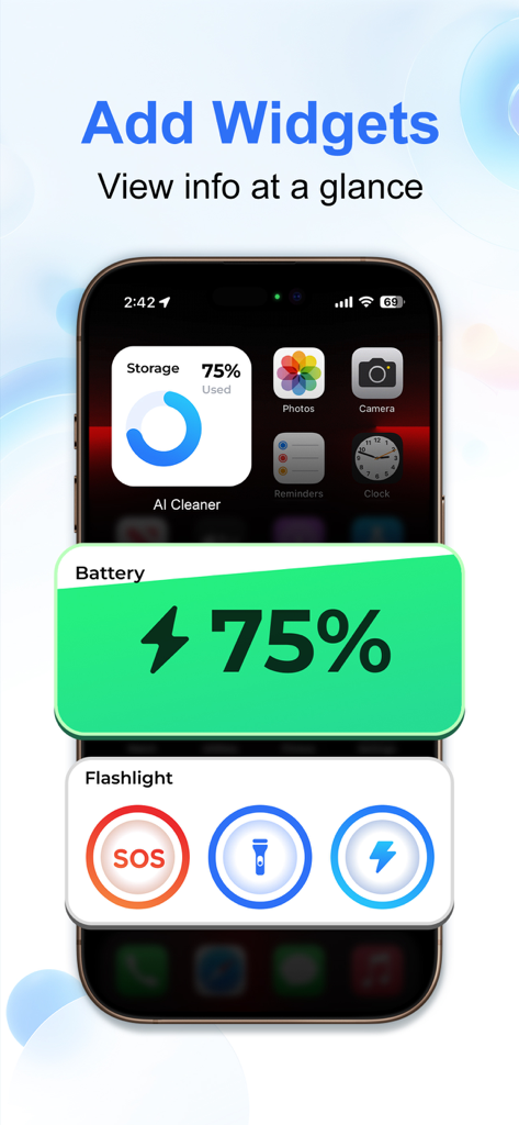 AI Cleaner：Phone Cleaner - AI Cleaner app widgets for battery storage and flashlight on an iPhone screen