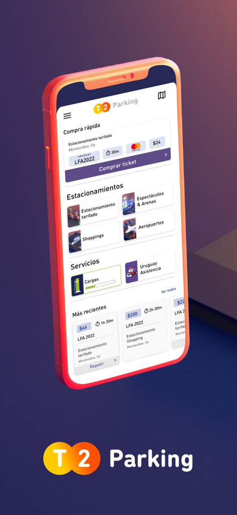 T2Parking app home screen on iPhone showing quick ticket purchase and parking service categories