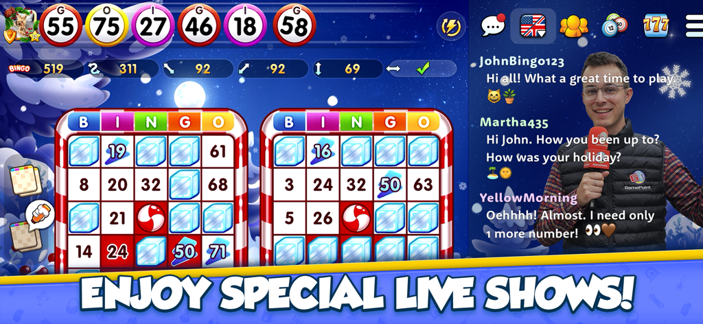 GamePoint Bingo Games of Bingo - GamePoint Bingo gameplay featuring two bingo cards and a live video show with a host and social chat