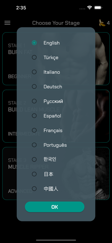 Home Workout : No Equipments - Un menú emergente en la aplicación Home Workout que muestra una lista de idiomas disponibles para seleccionar, incluyendo inglés, español y francés.