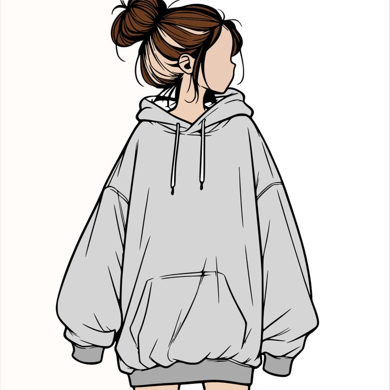 realistic girl with a oversized sweatshirt on and a bun