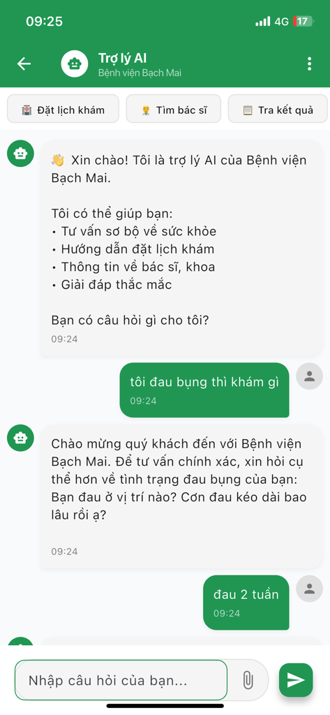 AI assistant chat interface in the Bach Mai Care app for online medical consultation and health advice.