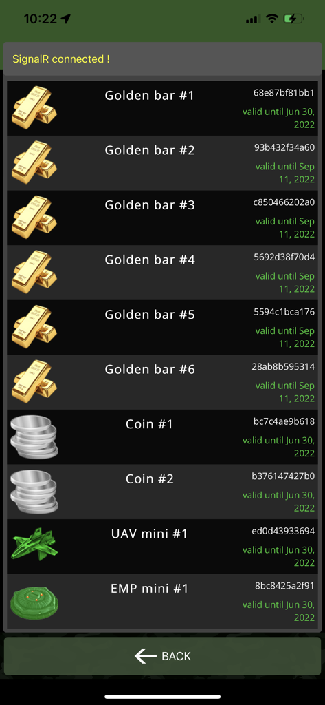 A list of electronic props and in-game perks including gold bars coins and UAV in the Ares Alpha app interface