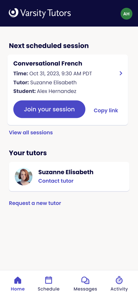 Varsity Tutors Live Tutoring - Écran d'accueil de l'application Varsity Tutors montrant une session de tutorat de français programmée et le profil du tuteur.