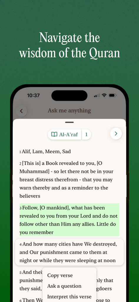 Deen Buddy - Quran Chat - Mobile app interface for reading the Quran with AI features for interpretation and questions