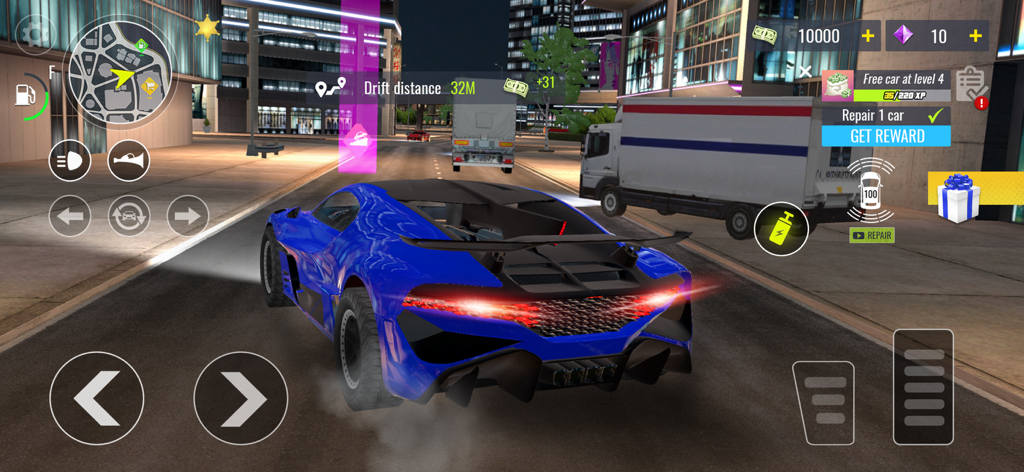 Real Car Driving Night City - A blue sports car driving through a neon-lit city at night.