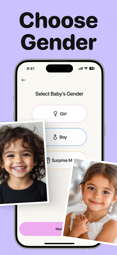 AI Baby Face Generator Future - Interface of the AI Baby Face Generator app showing the gender selection screen with boy and girl options.