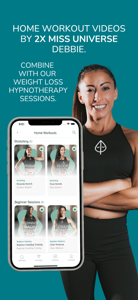 Clear Minds - Hypnotherapy - Clear Minds app screen showing home workout videos and stretching sessions featuring 2x Miss Universe Debbie