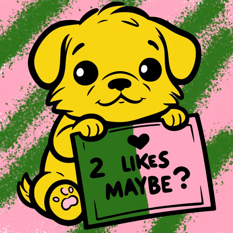a puppy holding a sign that says 2 likes maybe?