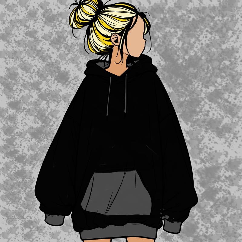 realistic girl with a oversized sweatshirt on and a bun