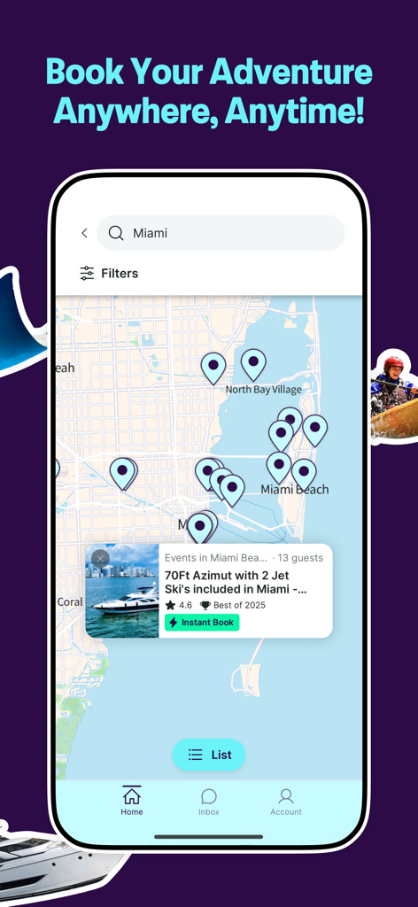 Getmyboat - Getmyboat Mobile-App-Oberfläche, die Suchergebnisse für Yachtverleih auf einer Karte von Miami anzeigt.