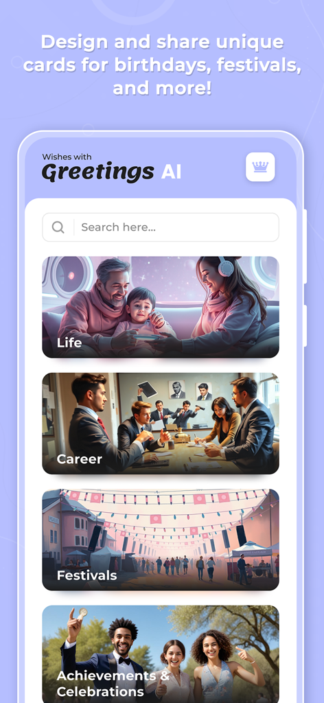 GreetingAI - AI Card Maker - GreetingAI app interface showing categories for life career festivals and achievement cards