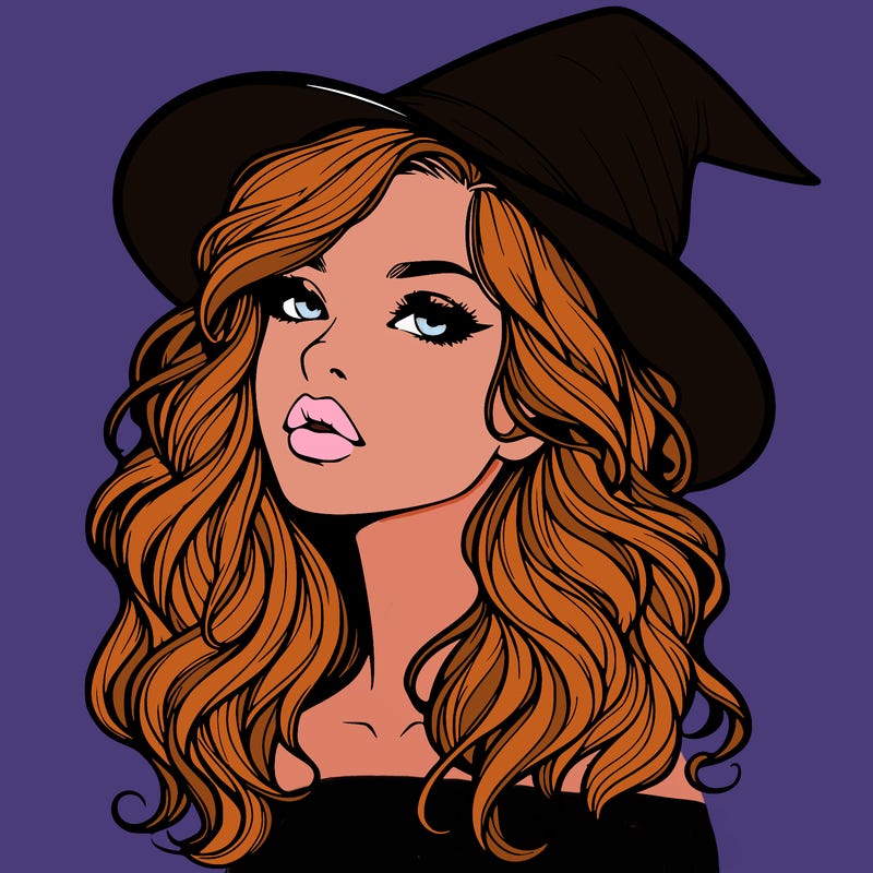 realistic witch girl with wavy hair and lips