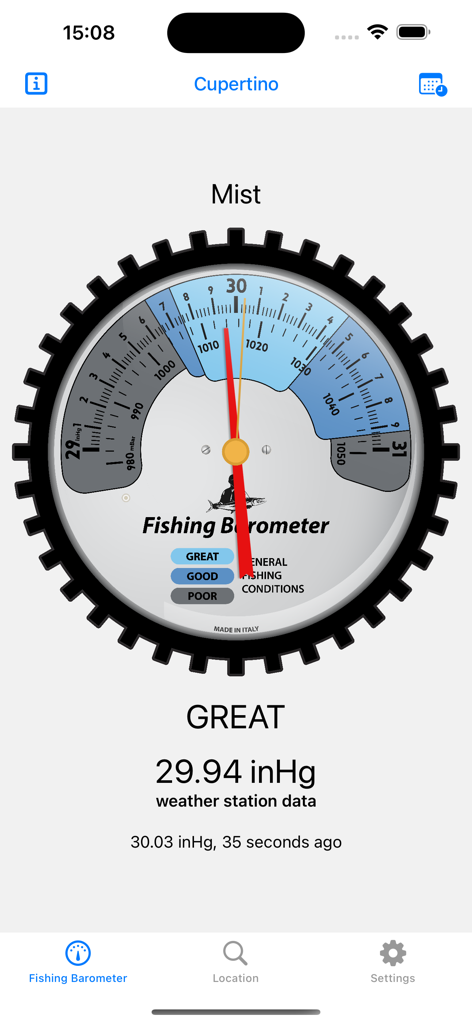 Fishing Barometer - Fishermen - Fishing Barometer app showing a dial gauge with great fishing conditions and air pressure