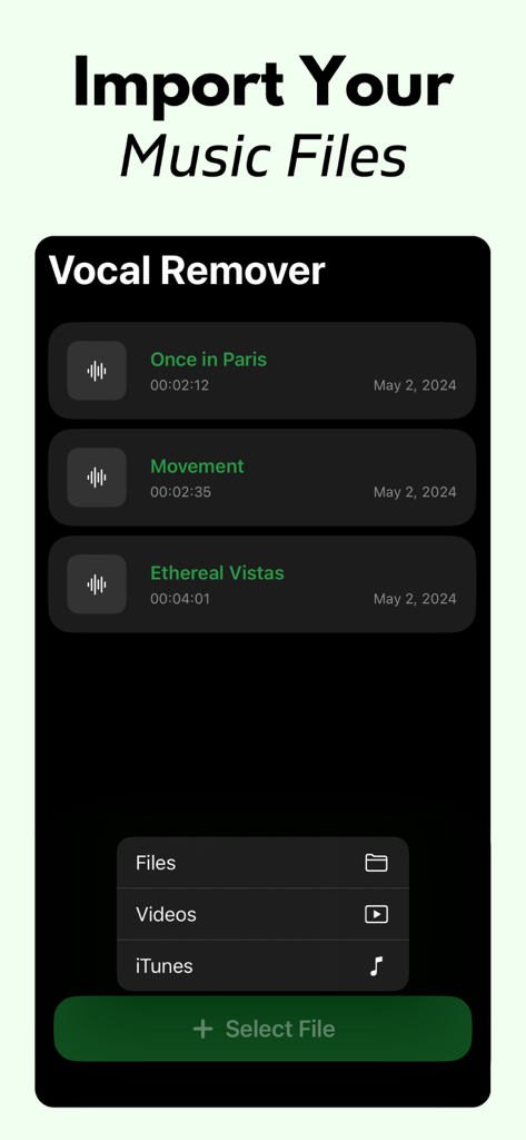 Vocal Remover: AI Splitter - Oberfläche der Vocal Remover App mit Optionen zum Importieren von Audio aus Dateien, Videos und iTunes