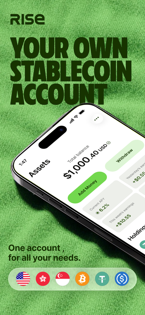 Rise: Global Savings & Wallet - Rise mobile app dashboard showing a stablecoin account balance and interest earnings.