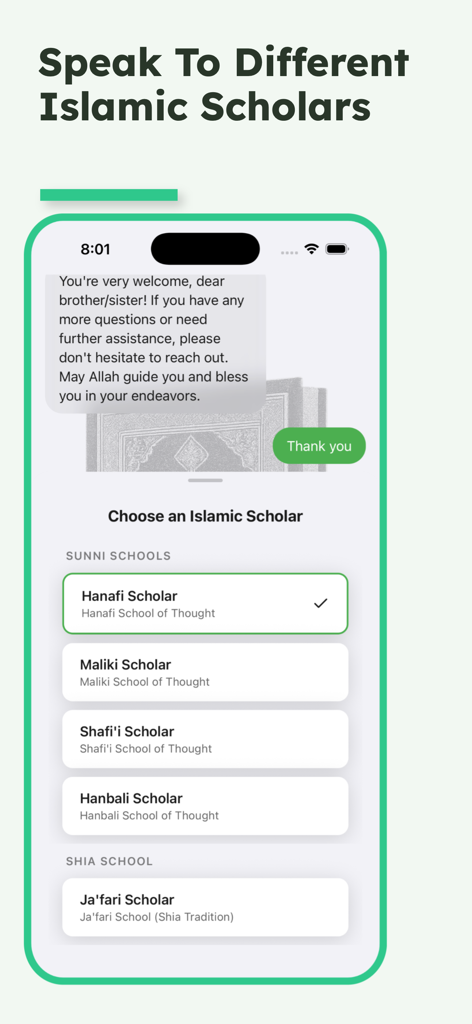 Allah Speak: Quran Chat - Interfaz para elegir un erudito islámico de diferentes escuelas de pensamiento en la aplicación Allah Speak
