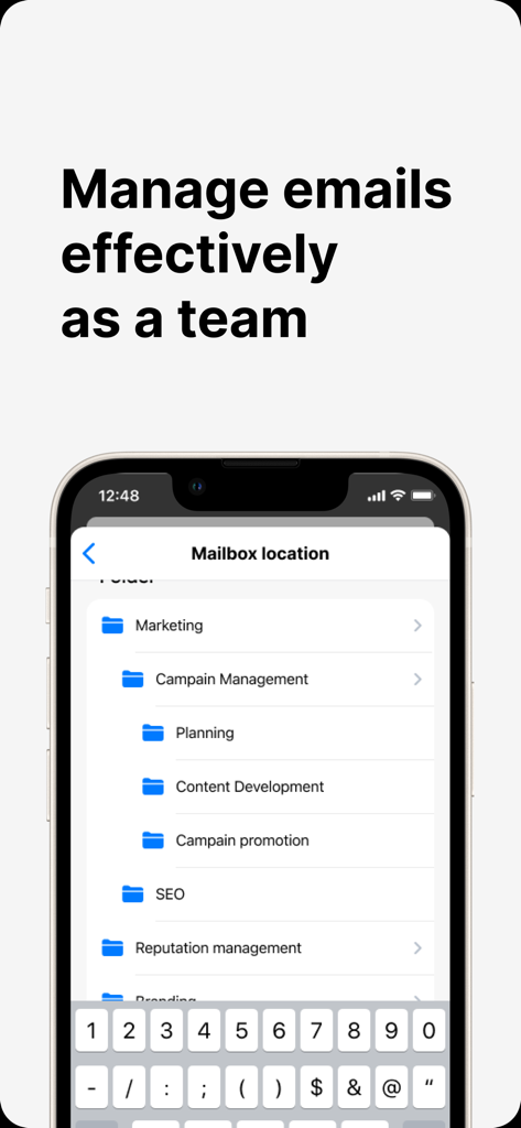 Interface de Twake Mail affichant une structure de dossiers imbriqués pour la collaboration d'équipe, y compris des dossiers de gestion marketing et de campagnes.