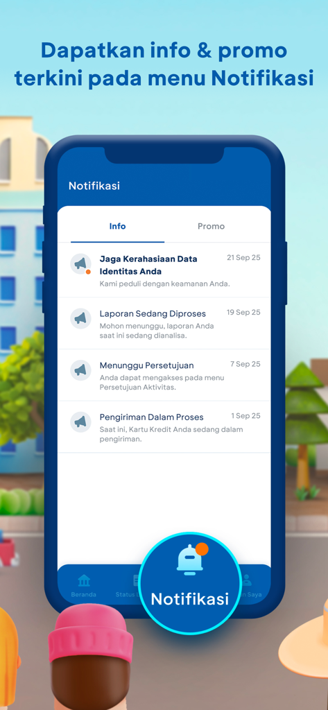 Menu de notificações do aplicativo móvel Halo BCA mostrando atualizações de status e alertas informativos