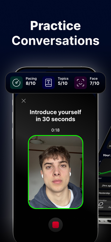 Popular - Charisma Coach - Pantalla de práctica de conversación impulsada por IA en la aplicación Popular que muestra a un usuario grabando una introducción en video con métricas de rendimiento en tiempo real para el ritmo y las expresiones faciales.