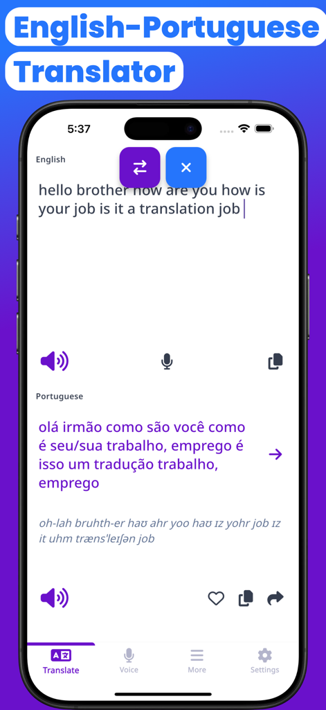 음성 및 오디오 재생 기능이 있는 iPhone에서 영어에서 포르투갈어로 번역을 표시하는 모바일 앱 인터페이스