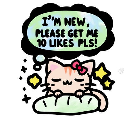 kitty taking a nap dream talking and saying "i'm new, please get me at least 10 likes pls!!"