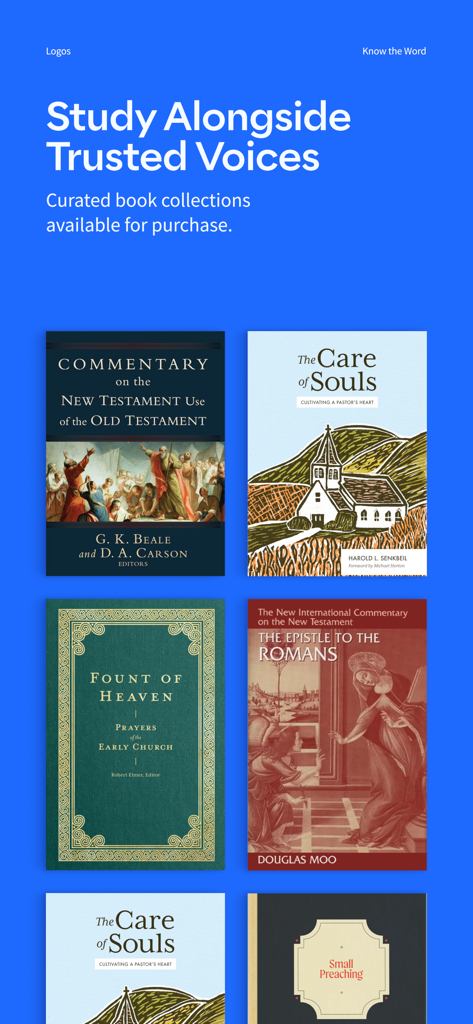 A collection of curated theological books and commentaries within the Logos Bible study app