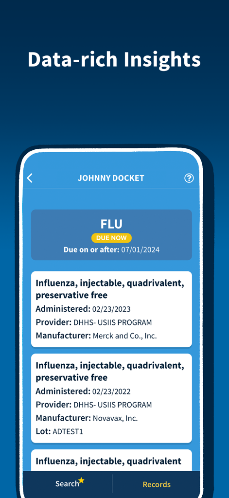 Docket® - Immunization Records - Immunization history screen in Docket app showing flu vaccine dates and reminders.
