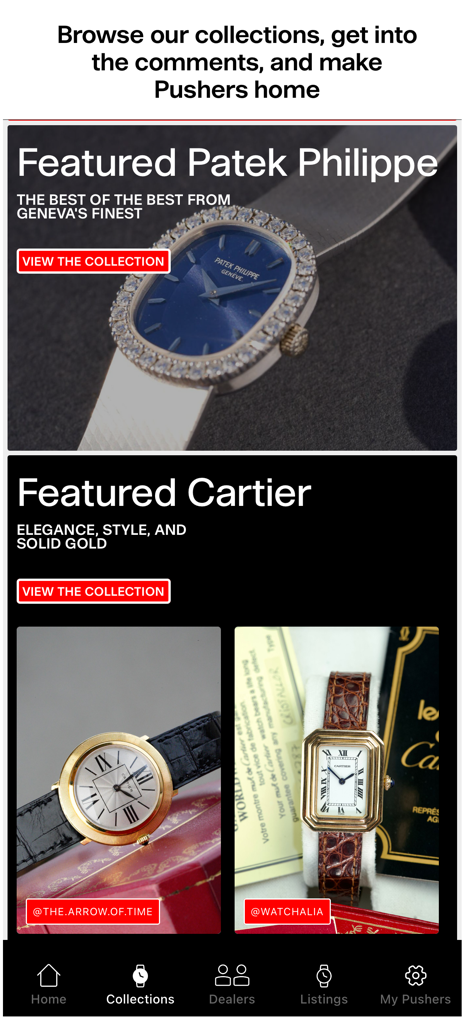 Pushers Watches - Pushers Watches app interface showing featured Patek Philippe and Cartier luxury watch collections.