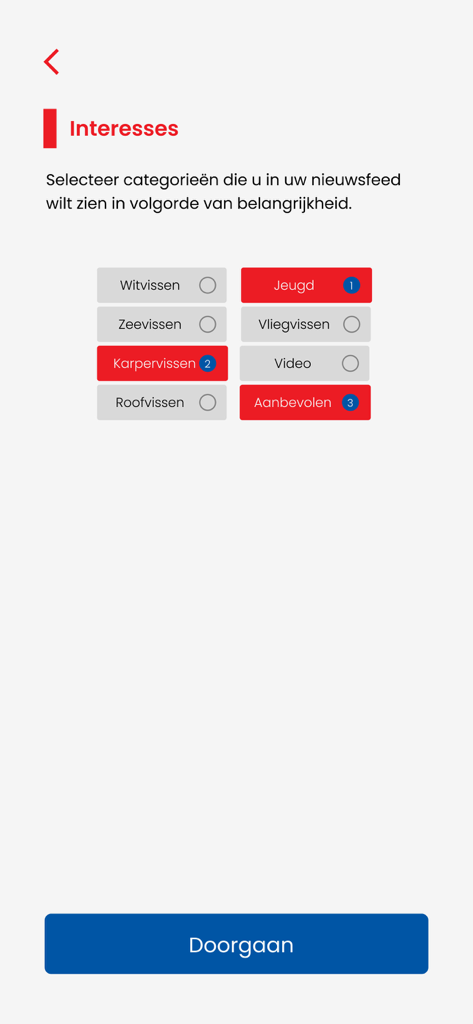 Hengelsportnieuws - Screen from the Hengelsportnieuws app where users select fishing interest categories like carp or fly fishing to personalize their news feed.