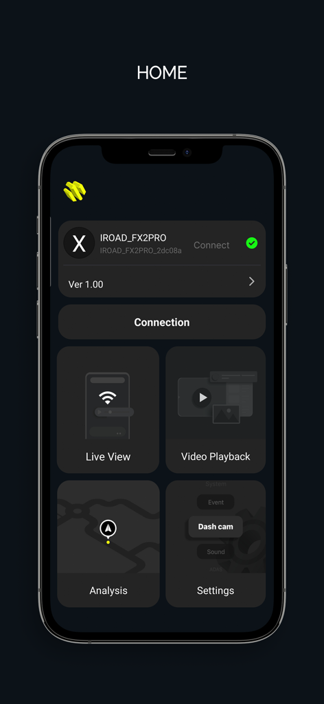 IROAD DASH CAM mobile app home screen showing Live View Video Playback and Settings icons on an iPhone